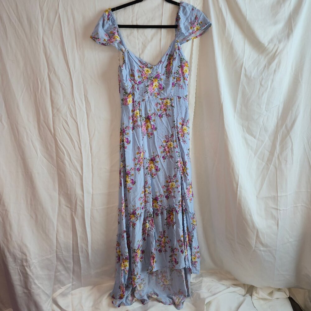 Large Pre-loved Rewind Robins Blue High Low Cap Sleeve Dress